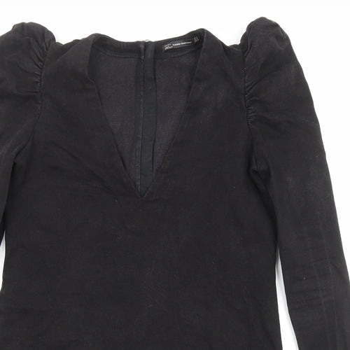 Zara Womens Black Cotton A-Line Size M V-Neck Zip