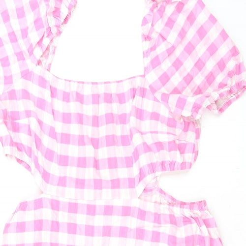 Monki Womens Pink Check 100% Cotton Skater Dress Size 22 Square Neck Pullover