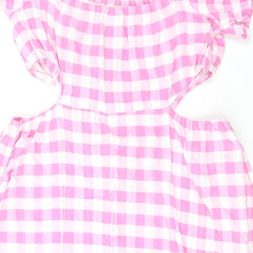 Monki Womens Pink Check 100% Cotton Skater Dress Size 22 Square Neck Pullover