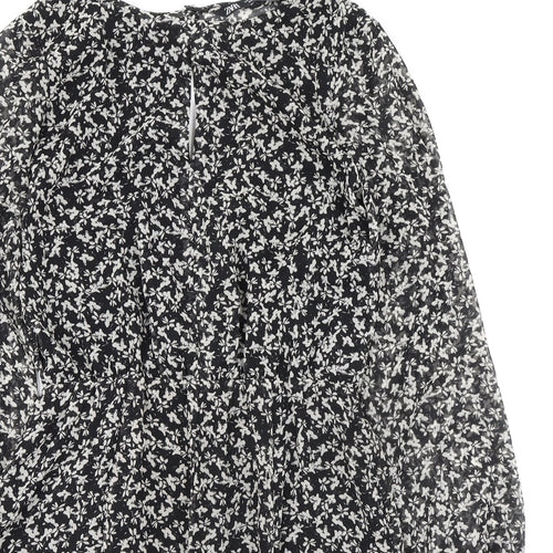 Zara Womens Black Floral Polyester A-Line Size S Round Neck Button