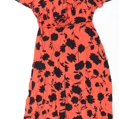 Marks and Spencer Womens Orange Floral Viscose A-Line Size 8 V-Neck Button