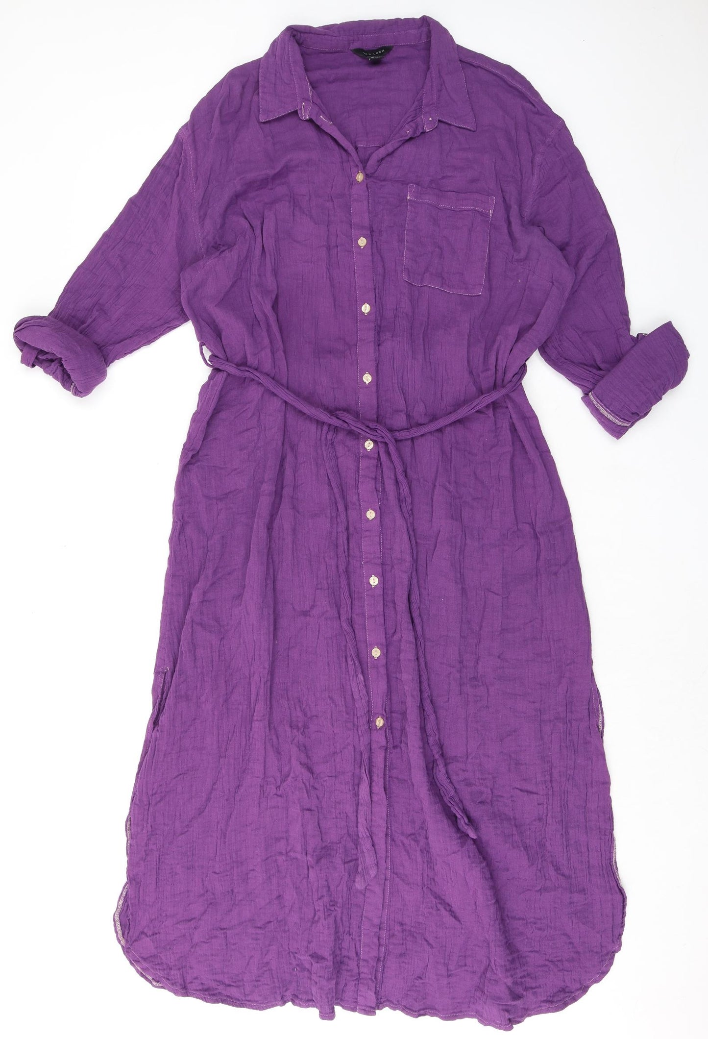 New Look Womens Purple 100% Cotton Shirt Dress Size 18 Collared Button