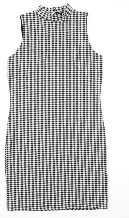 Miss Selfridge Womens Black Check Polyester Shift Size 14 Mock Neck Pullover