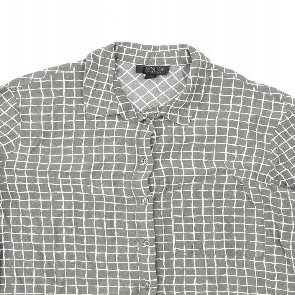Topshop Womens Green Check Viscose Basic Button-Up Size 8 Collared