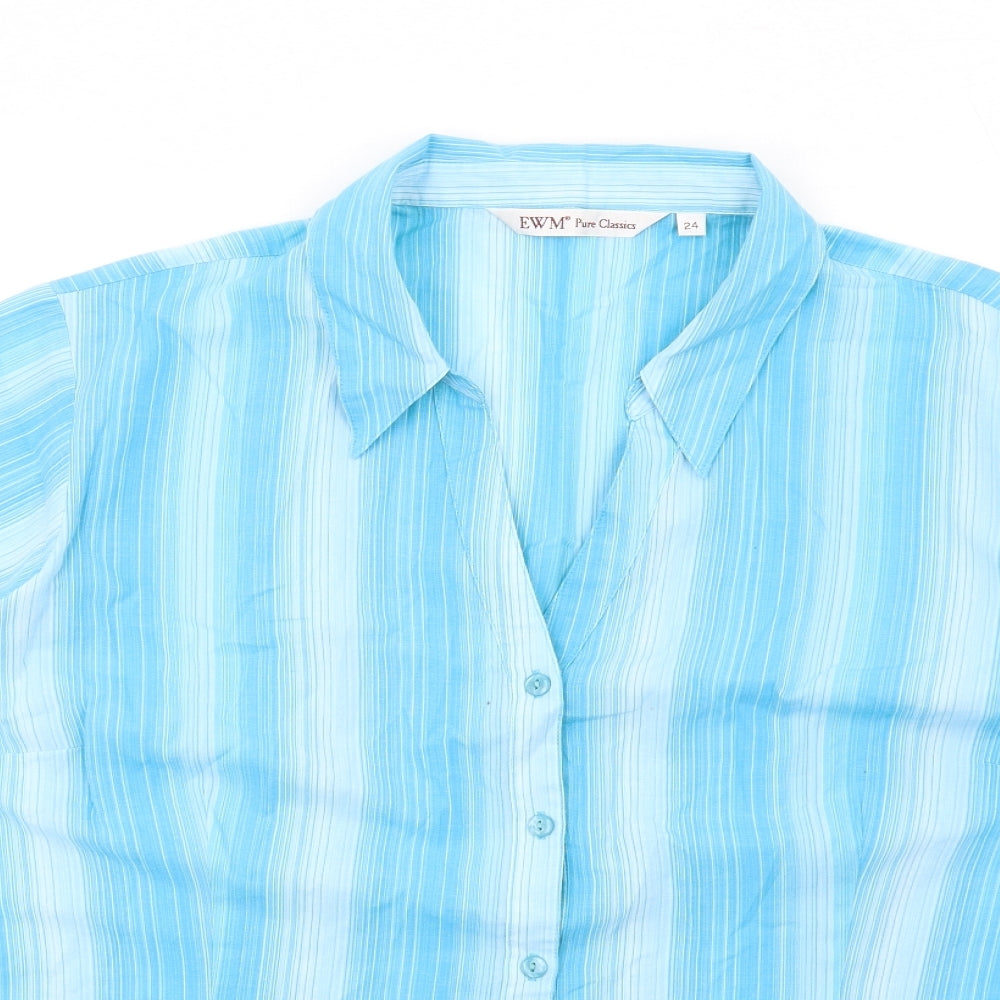 EWM Womens Blue Striped Cotton Basic Button-Up Size 24 Collared