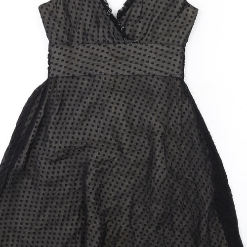 Oasis Womens Black Polka Dot Silk A-Line Size 8 V-Neck Zip - Frill Detail