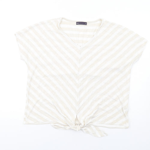 Marks and Spencer Womens Beige Striped Viscose Basic T-Shirt Size 16 V-Neck - Knot Front