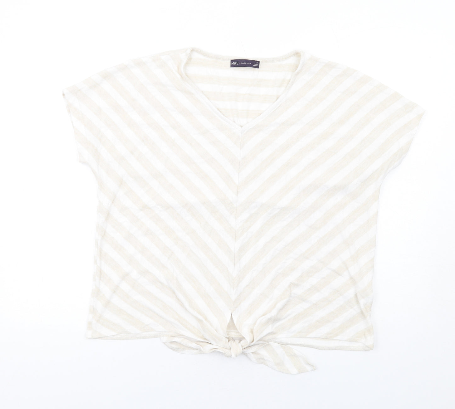 Marks and Spencer Womens Beige Striped Viscose Basic T-Shirt Size 16 V-Neck - Knot Front