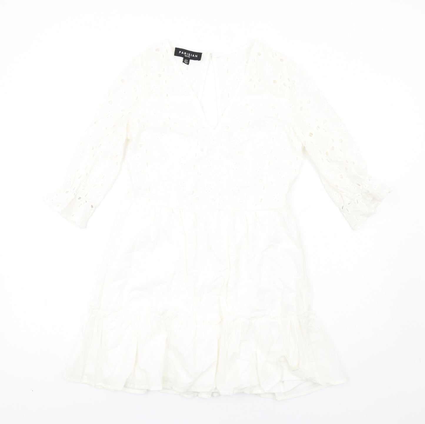 PARISIAN SIGNATURE Womens White Cotton A-Line Size 8 V-Neck Zip - Lace