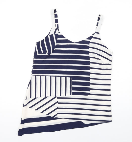 Trend Womens Blue Striped Polyester Basic Tank Size 12 V-Neck