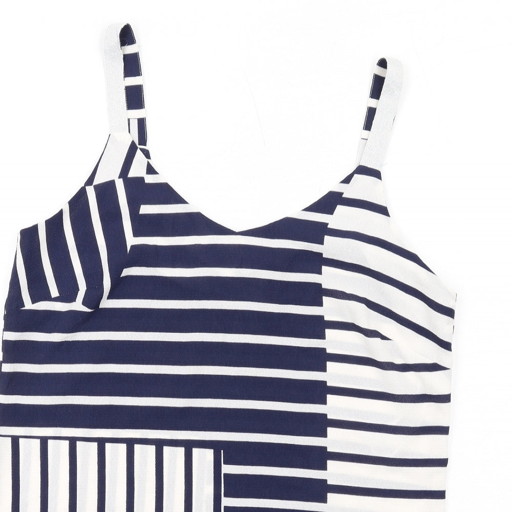 Trend Womens Blue Striped Polyester Basic Tank Size 12 V-Neck