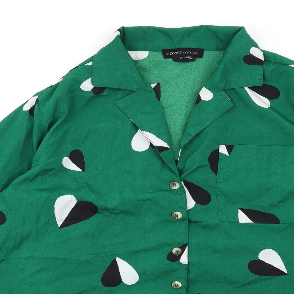 Wednesday's Girl Womens Green Geometric Polyester Basic Button-Up Size XS Collared - Heart Pattern