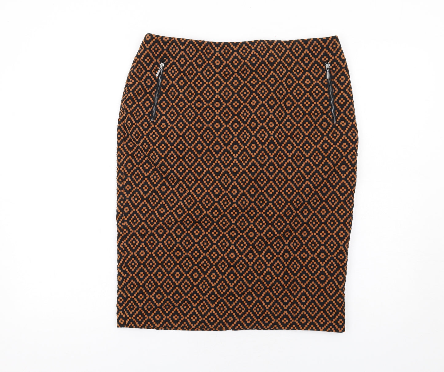 Marks and Spencer Womens Brown Argyle/Diamond Polyester Straight & Pencil Skirt Size 14 Zip