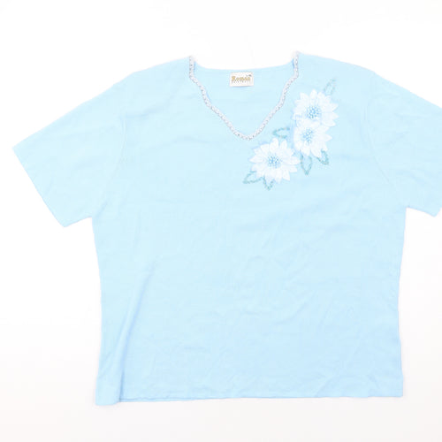 Roman Womens Blue Viscose Basic T-Shirt Size L V-Neck - Size L-XL