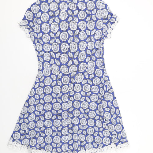 Dorothy Perkins Womens Blue Floral Cotton A-Line Size 14 Round Neck Pullover - Floral Lace Trim
