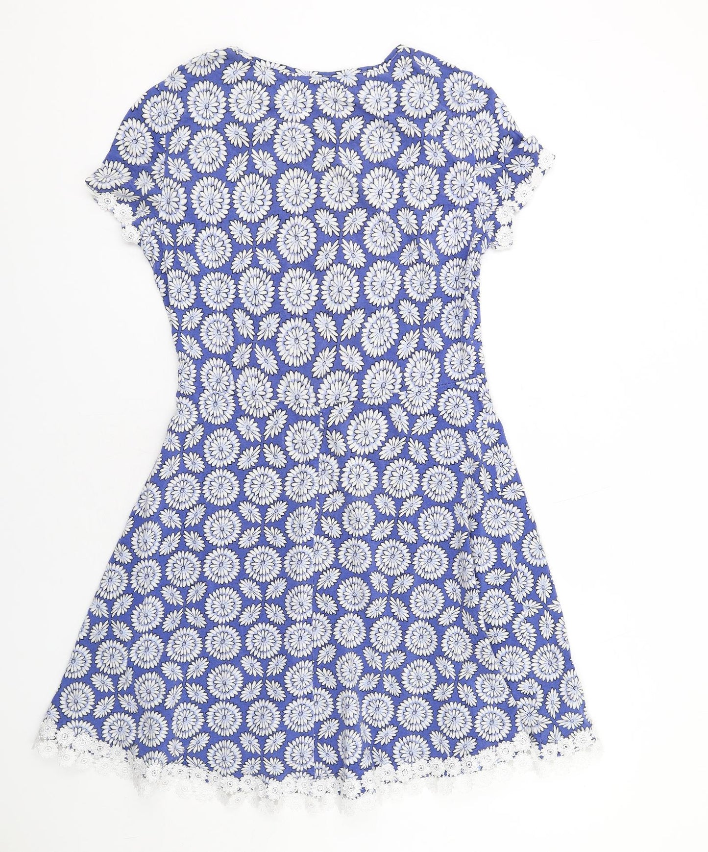 Dorothy Perkins Womens Blue Floral Cotton A-Line Size 14 Round Neck Pullover - Floral Lace Trim