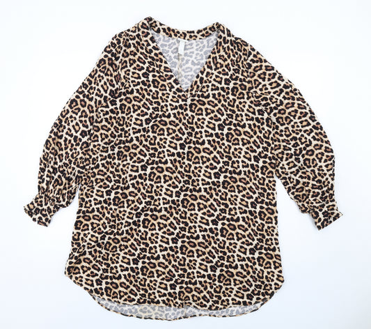 H&M Womens Brown Animal Print Viscose Shift Size S V-Neck Pullover - Leopard Print