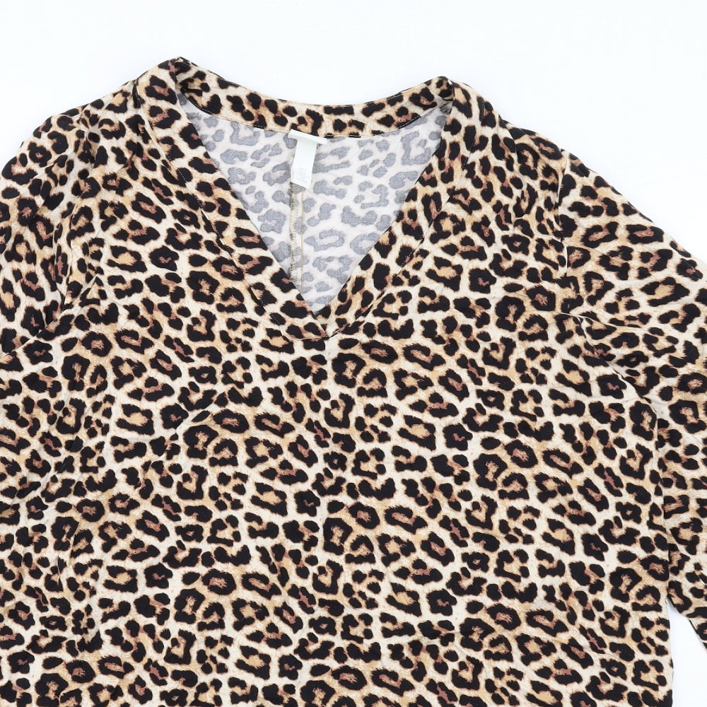 H&M Womens Brown Animal Print Viscose Shift Size S V-Neck Pullover - Leopard Print