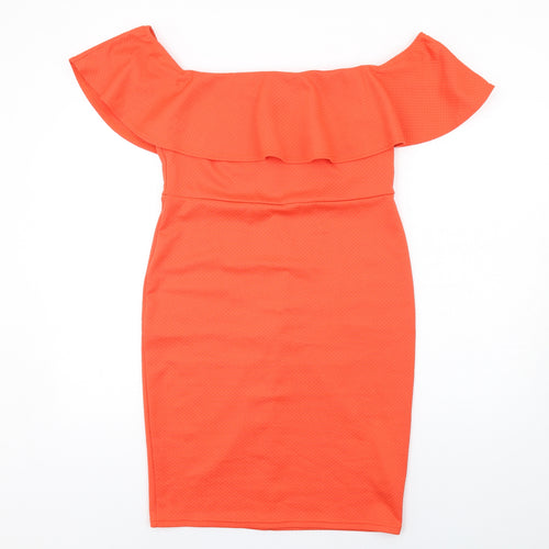 New Look Womens Orange Herringbone Polyester Mini Size 16 Boat Neck Zip - Frill Neckline