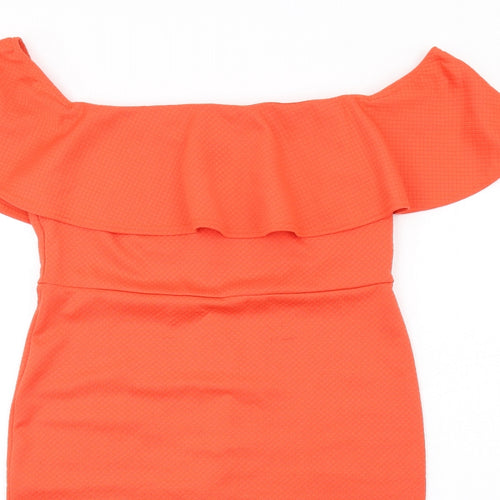 New Look Womens Orange Herringbone Polyester Mini Size 16 Boat Neck Zip - Frill Neckline