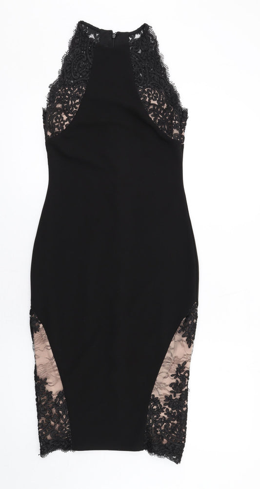River Island Womens Black Polyester Bodycon Size 8 Halter Zip - Floral Lace