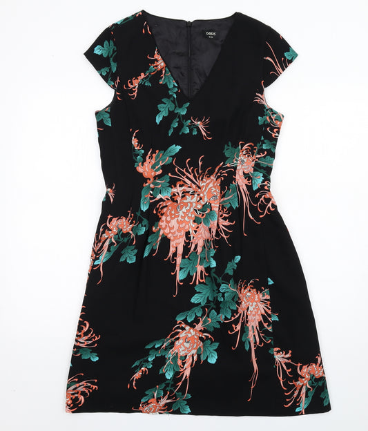 Oasis Womens Black Floral Polyester A-Line Size 12 V-Neck Zip