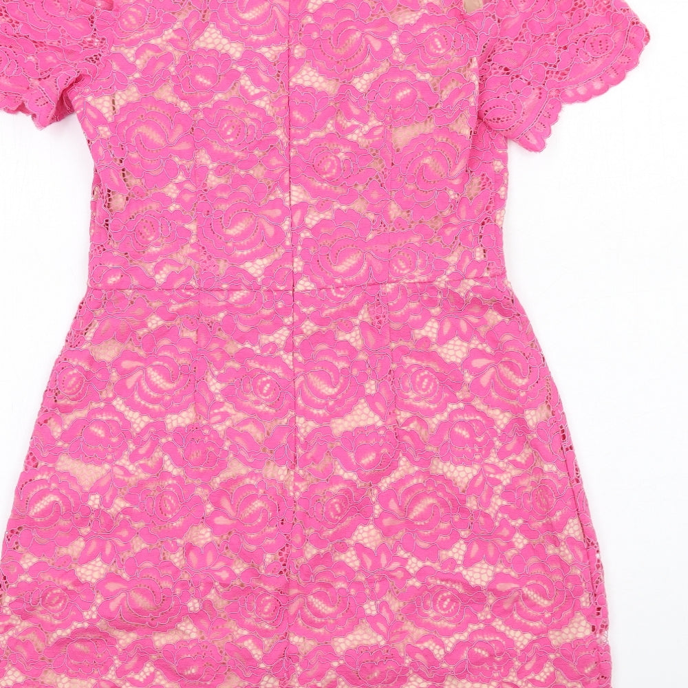 Oasis Womens Pink Floral Patent Leather A-Line Size 10 Round Neck Zip - Cold Shoulder