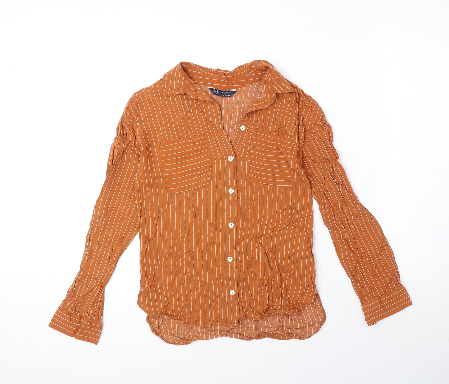 Marks and Spencer Womens Orange Striped Viscose Basic Button-Up Size 6 Collared