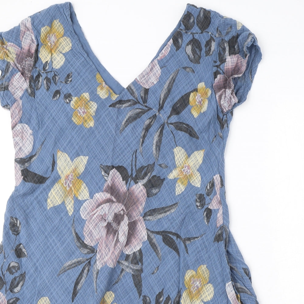 Made in Italy Womens Blue Floral Cotton A-Line Size 10 V-Neck Pullover
