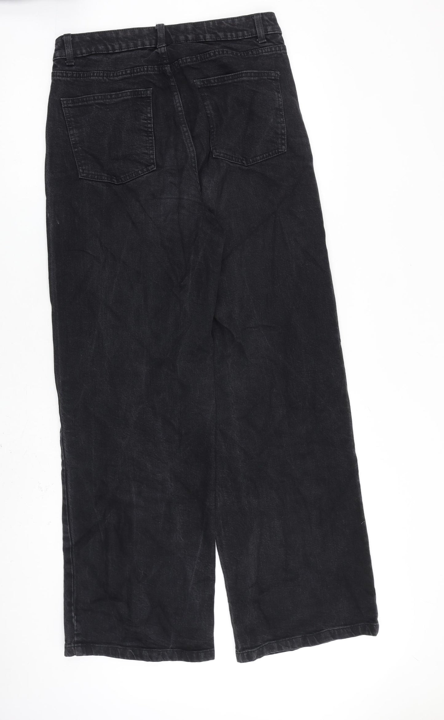 Marks and Spencer Womens Black Cotton Wide-Leg Jeans Size 12 L31 in Regular Zip