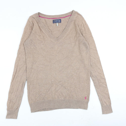 Joules Womens Beige V-Neck Cotton Pullover Jumper Size 10