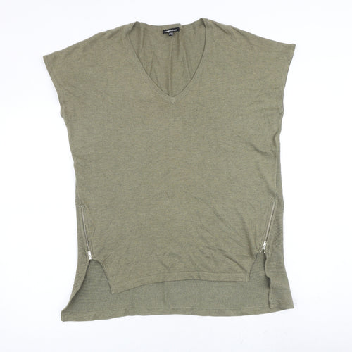 Warehouse Womens Green Acrylic Basic T-Shirt Size 8 V-Neck - Ribbed