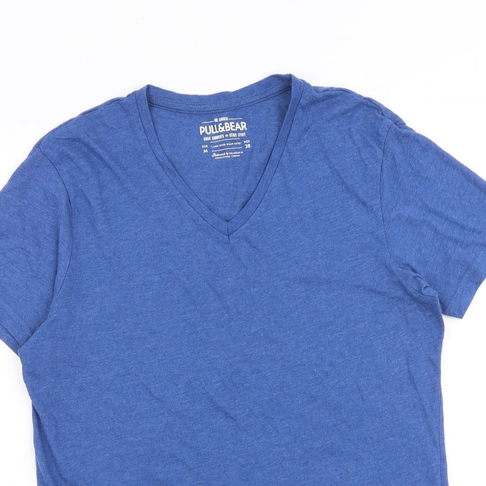 Pull&Bear Mens Blue Cotton T-Shirt Size M V-Neck