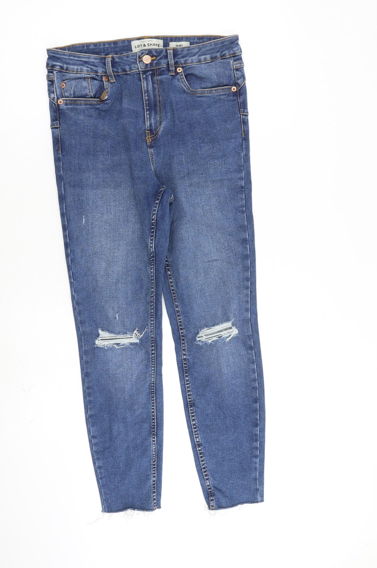 New Look Womens Blue Cotton Skinny Jeans Size 12 L25 in Slim Zip - Raw Hem