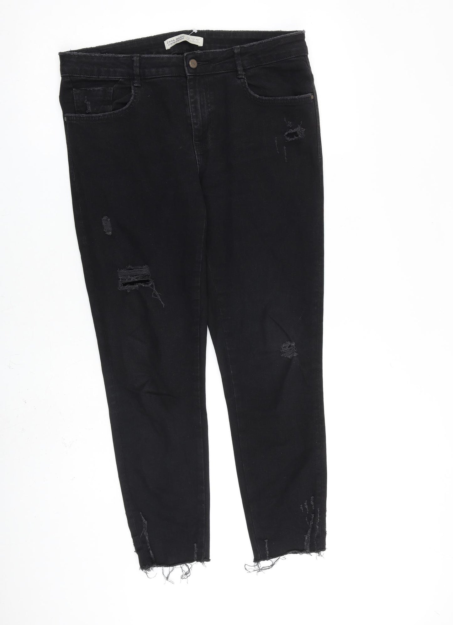 Zara Womens Black Cotton Skinny Jeans Size 14 L27 in Regular Zip - Raw Hem