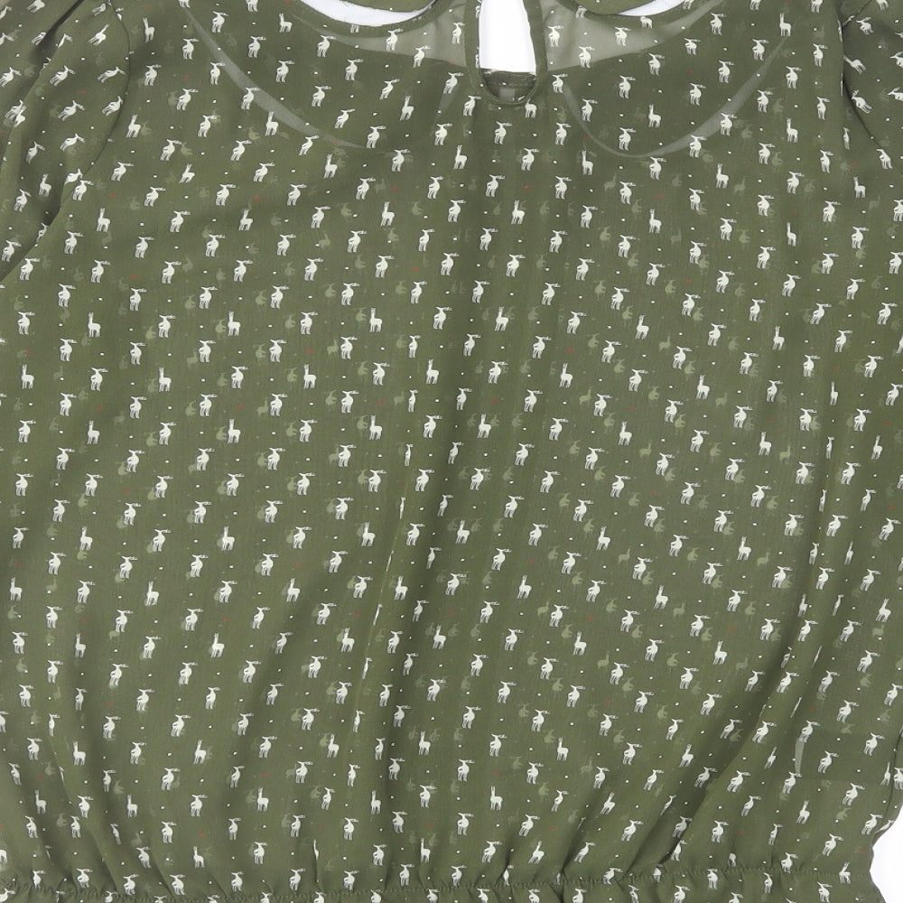 NEXT Womens Green Geometric Polyester Basic Blouse Size 8 Collared - Deer Print