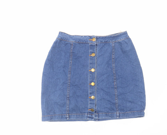 PRETTYLITTLETHING Womens Blue Cotton Mini Skirt Size 8 Button