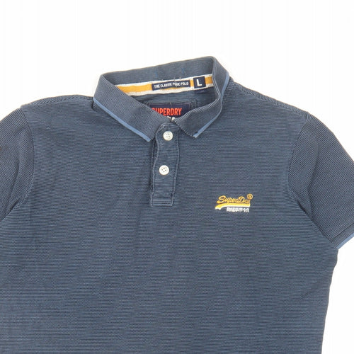 Superdry Mens Blue Cotton Polo Size L Collared Button