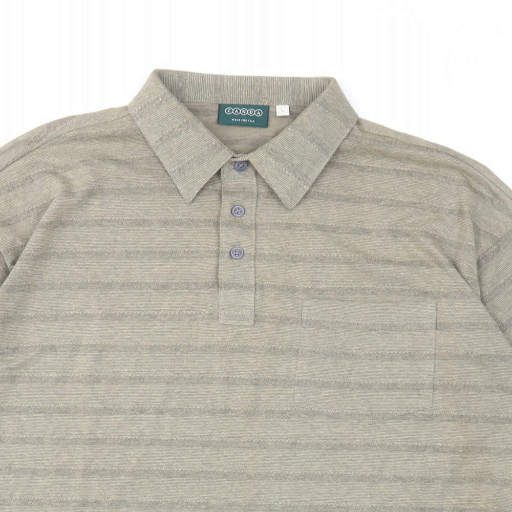 C&A Mens Green Striped Polyester Polo Size L Collared Button