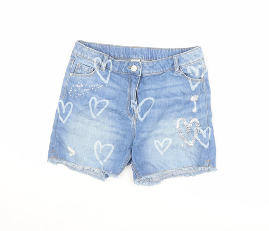 NEXT Girls Blue Geometric 100% Cotton Boyfriend Shorts Size 12 Years L4 in Regular Zip - Heart Pattern