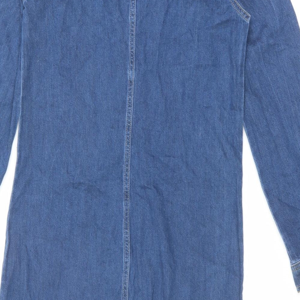 Marks and Spencer Womens Blue Cotton Shirt Dress Size 8 Collared Button