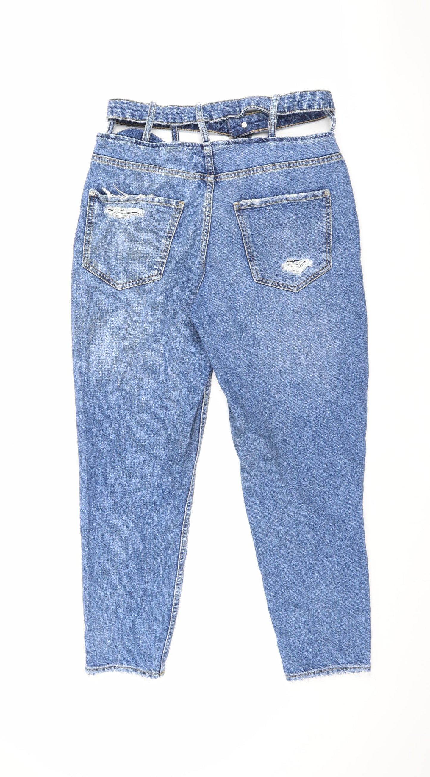 Bershka Womens Blue Cotton Boyfriend Jeans Size 10 L26 in Regular Zip - Cut Out Detail
