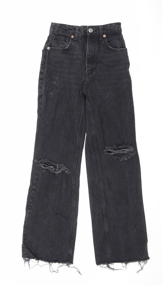 Zara Womens Black Cotton Straight Jeans Size 4 L29 in Regular Zip - Waist 24in Raw Hem
