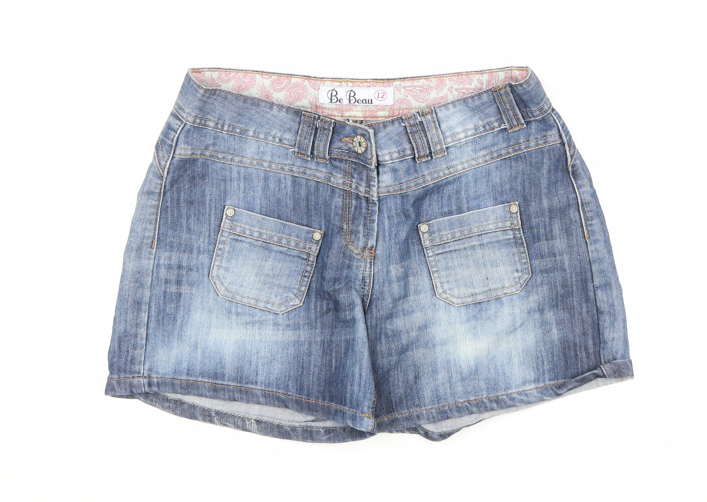 Be Beau Womens Blue Cotton Hot Pants Shorts Size 12 L4.5 in Regular Zip