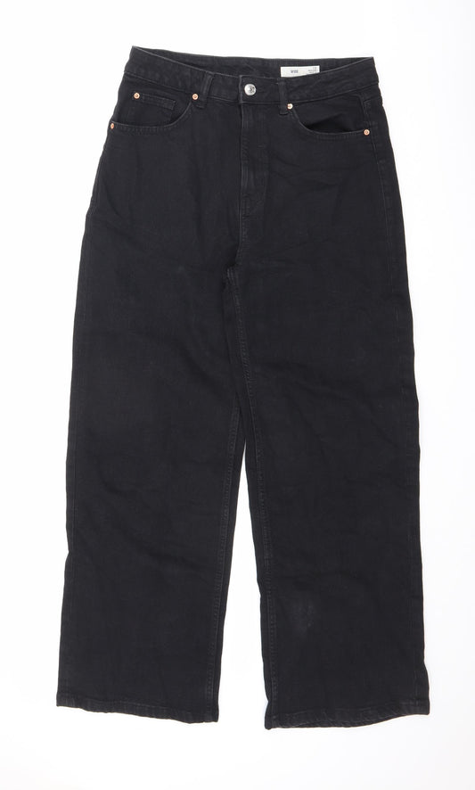 Marks and Spencer Womens Black Cotton Wide-Leg Jeans Size 12 L29 in Regular Zip