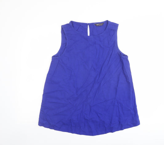 Marks and Spencer Womens Blue Linen Basic Tank Size 12 Round Neck