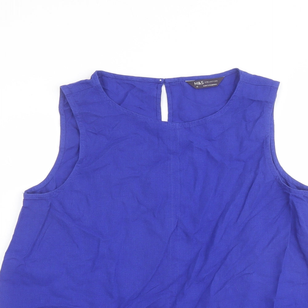 Marks and Spencer Womens Blue Linen Basic Tank Size 12 Round Neck