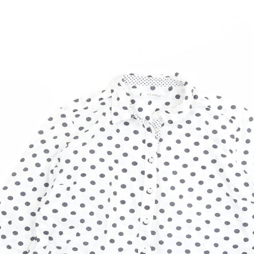 Classic Womens White Polka Dot Cotton Basic Button-Up Size 12 Collared