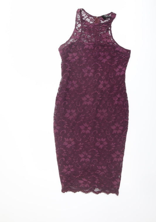 AX Paris Womens Purple Floral Polyester Bodycon Size 12 Round Neck Zip