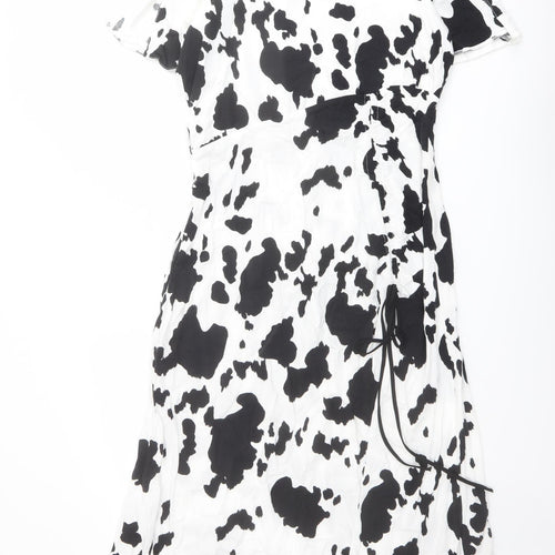 ASOS Womens White Animal Print Viscose A-Line Size 12 Round Neck Zip - Cow Print